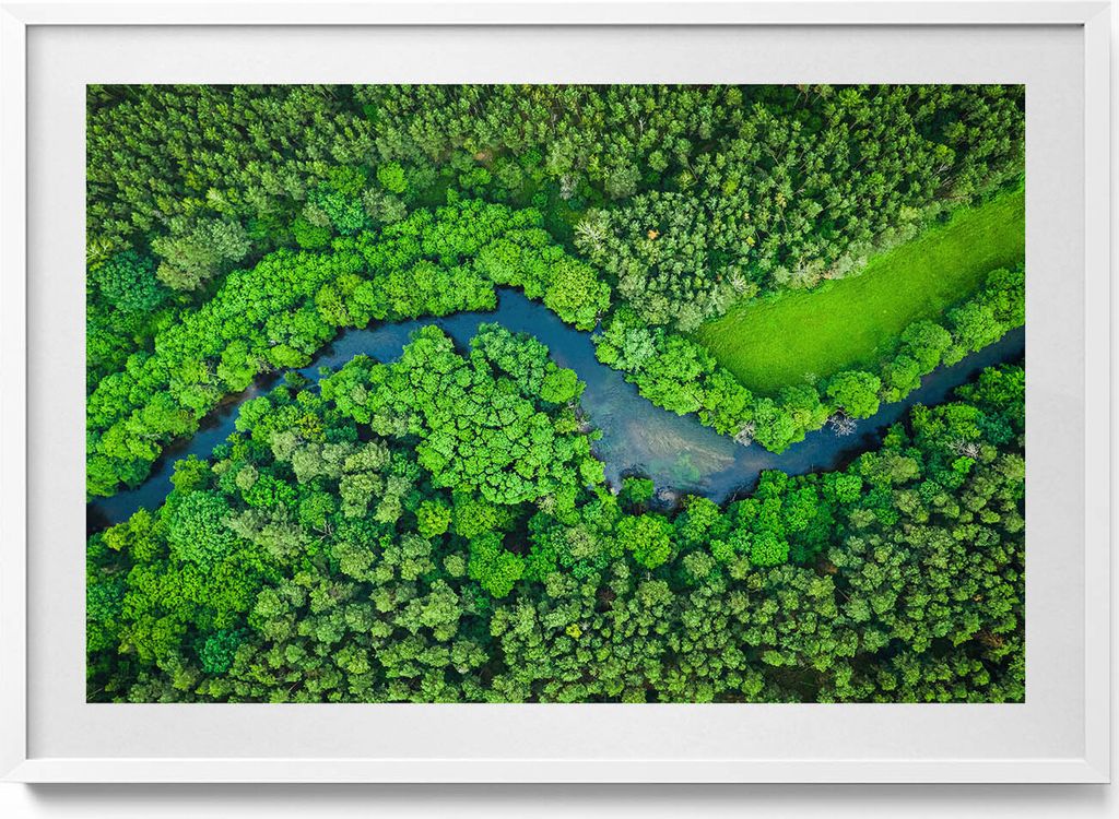 Wald und Fluss aus der Vogelperspektive– Wandbild mit Rahmen – Gerahmtes Bild – Wanddekoration – 100x70 cm – Weiß Rahmen