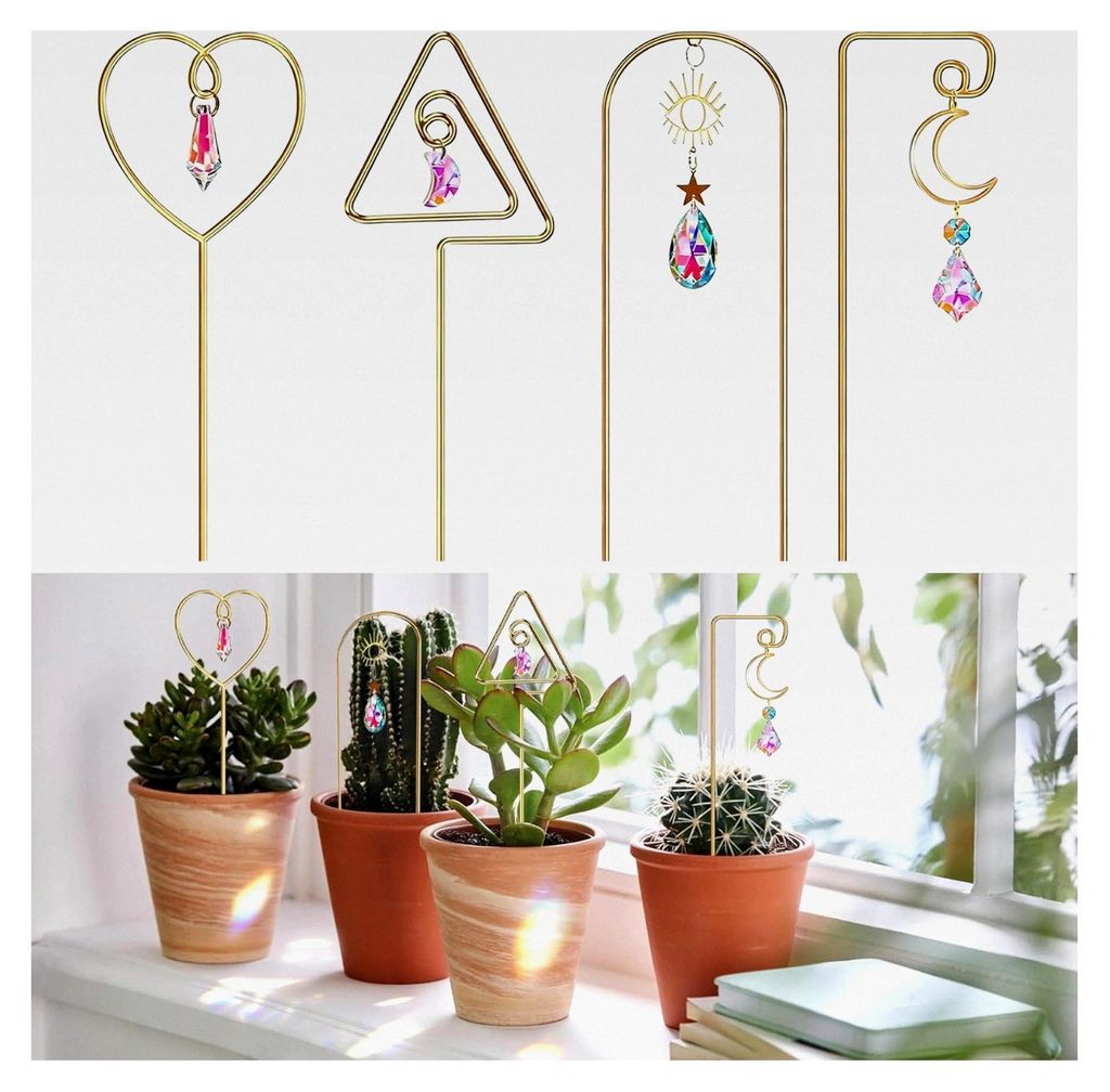 4 Stück Kristall-Sonnenfänger mit kleinem Rankgitter für Topfpflanzen, Zimmerpflanzenpfahl, Fenster, Gartendeko