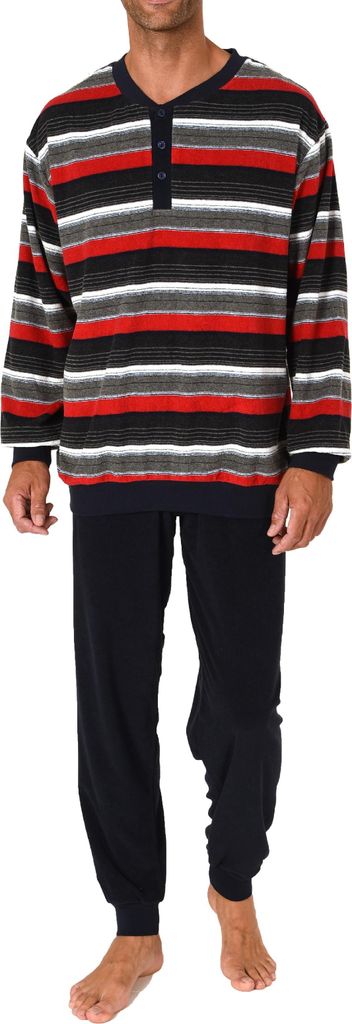 Eleganter Herren Frottee Pyjama langarm Schlafanzug mit Bündchen und Knopfleiste am Hals ; rot , 56