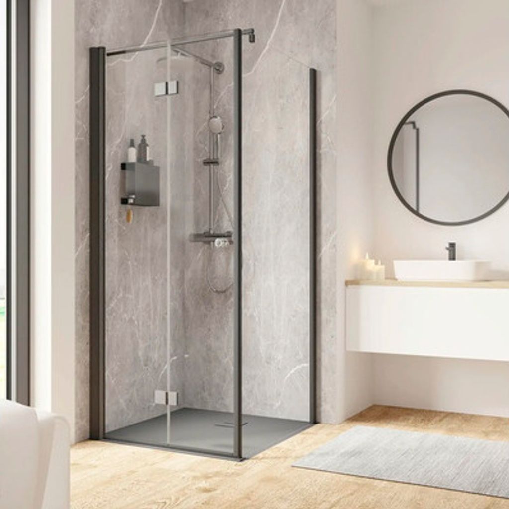 Duschtür mit Seitenwand und Drehfalttür SCHULTE Garant 2.0 ExpressPlus 90 x 90 cm Profil schwarz Klarglas schmutzabweisende Glasbeschichtung Tür...