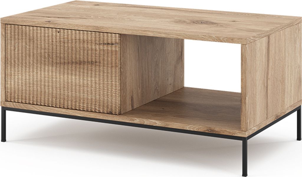 A coffee table with a drawer and an open shelf, shown from a three-quarter angle against a white background.