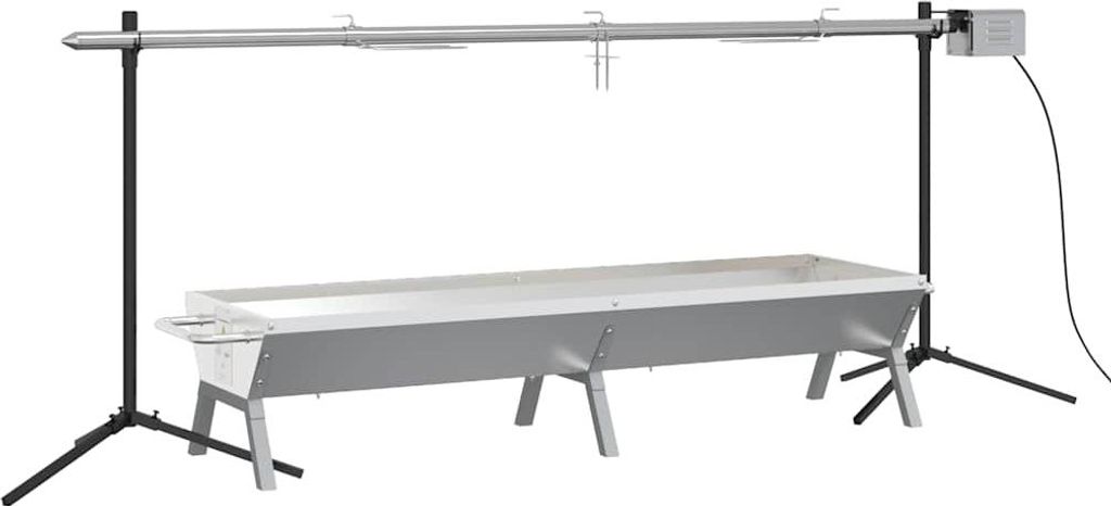 A rotisserie grill setup on a white background.