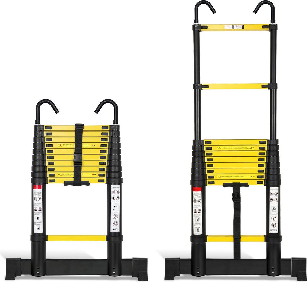 Faziango Profi Teleskopleiter 3,2M schwarz Aluminium 150kg Tragkraft Mehrzweckleiter rutschfeste Gummifüße mit Stabilisator und Abnehmbaren Haken