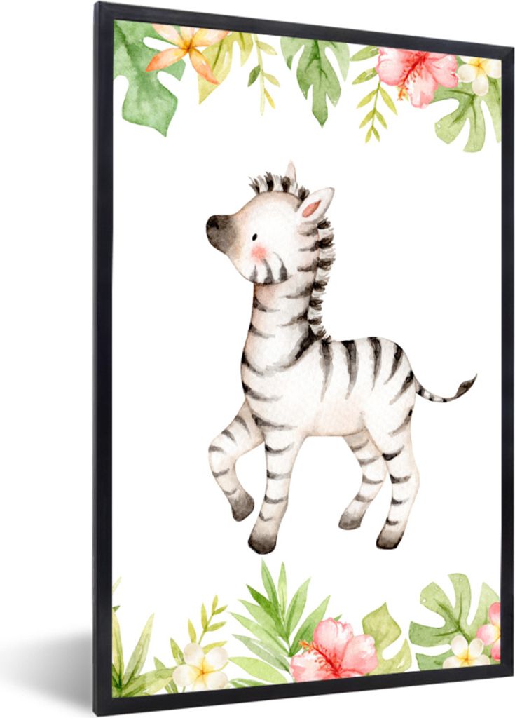 MuchoWow MuchoWow Gerahmtes Poster Zebra - Dschungel - Blumen - Pflanzen 20x30 cm - Poster mit zchwarzem Bilderrahmen - Drucken - Bilder Poster...