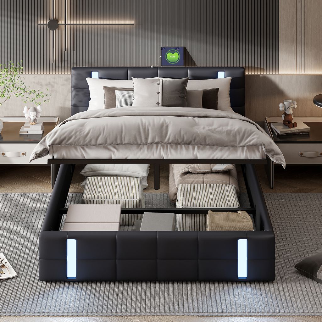 Polsterbett mit LED/USB, hydraulisches Boxspringbett 140x200cm mit Lattenrost und Stauraum, Doppelbett Holzbett Jugendbett Kunstleder,Schwarz