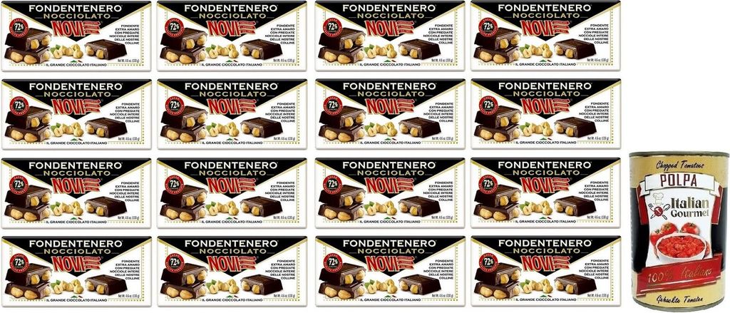 16x Novi Fondentenero Nocciolato,Extrem Bittere Dunkle Schokolade mit Ganzen Haselnüssen,72% Kakao,130g + Italian Gourmet Polpa di Pomodoro 400g Dose