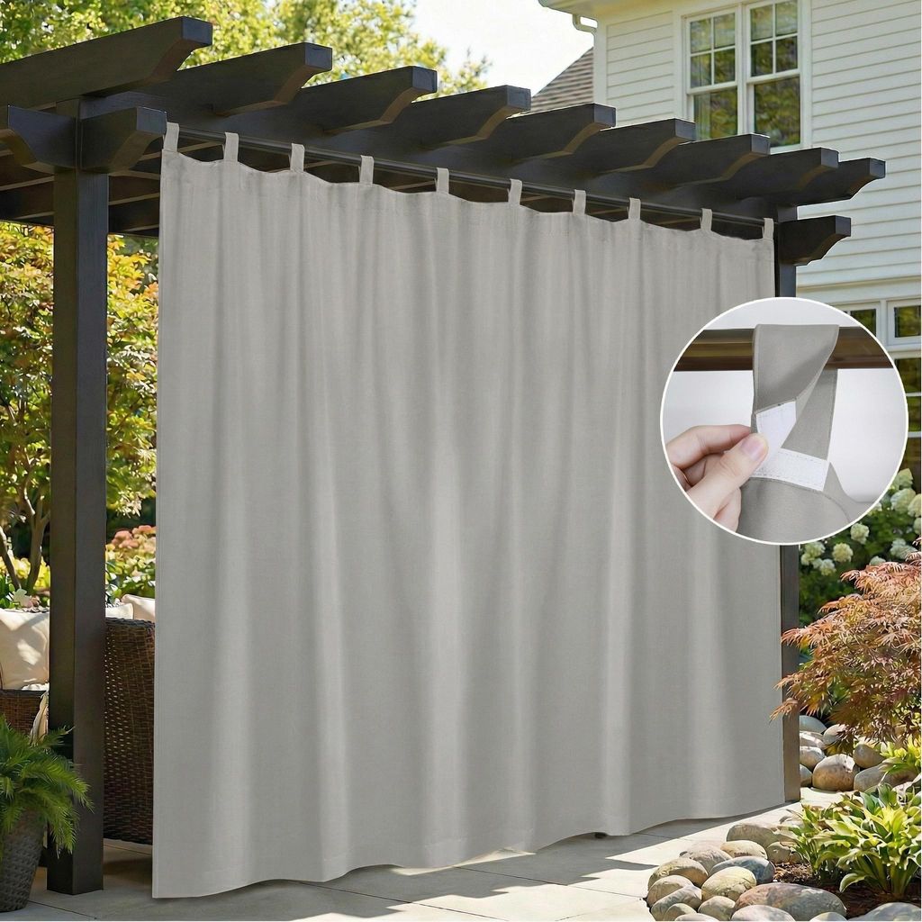 Außen Vorhang Wasserdicht Gardine Blickdicht Outdoorvorhänge mit Abnehmbaren Schlaufen für Terrasse Balkon Garten Hof, 254x244cm, Grau