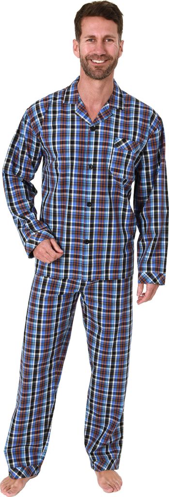 Eleganter Herren Pyjama langarm Schlafanzug gewebt zum Knöpfen im Karo Design - 65343 ; blau , 50