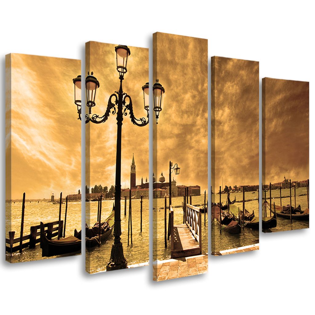 5-teiliges leinwandbild venedig gondel italien 200x100 cm Feeby braun wandbild bereit zum aufhängen
