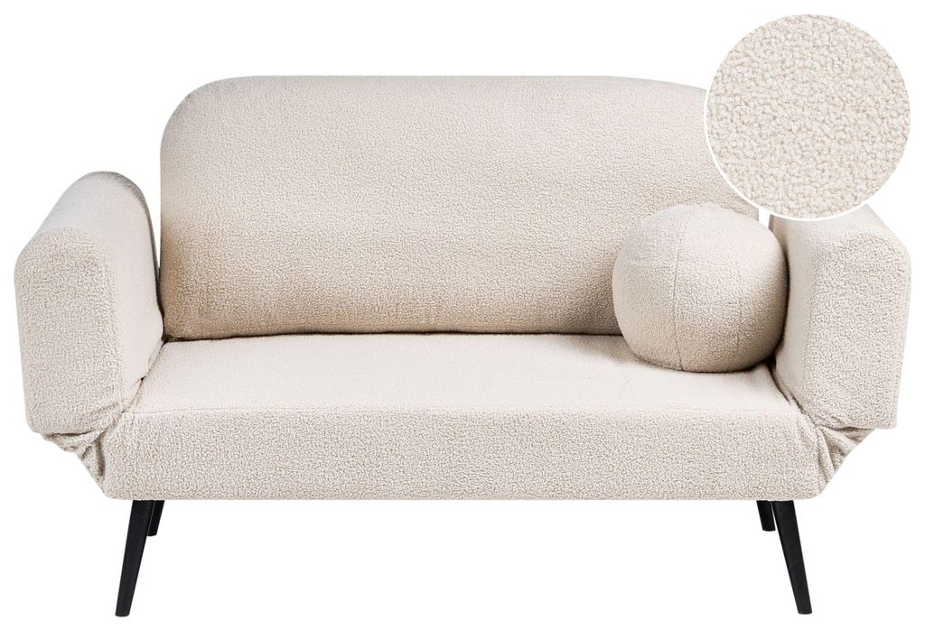 BELIANI 2-Sitzer Sofa Cremeweiß Bouclé Gepolstert mit Schlaffunktion 1 Dekokissen Schwarze Metallbeine Freistellbar Modernes Wohnzimmer Schlafsofa