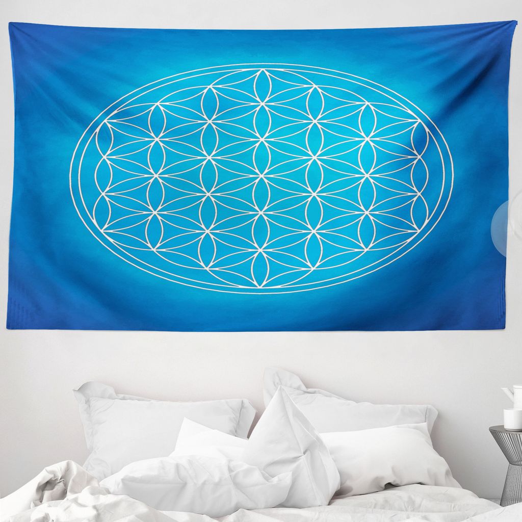 ABAKUHAUS Blau Wandteppich, Flower of Life Grid aus Weiches Mikrofaser Stoff Waschbar ohne Verblassen Digitaldruck, 230 x 140 cm, Blau Weiss