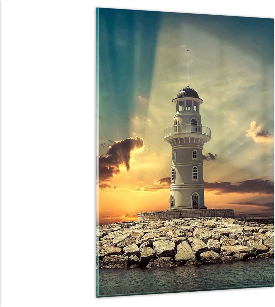 Bilder auf glas - Einteilig - Leuchtturm Wasser Meer Steine - 80x120cm - Glasbilder - Wandbilder - Bilder - Wanddekoration aus Glas - Glas Bilder -...