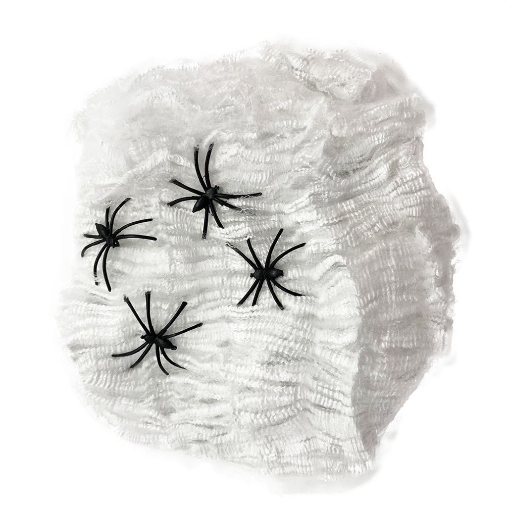 Weißes Spinnennetz (60g) mit schwarzen Spinnen (3cm) für Halloween Dekoration