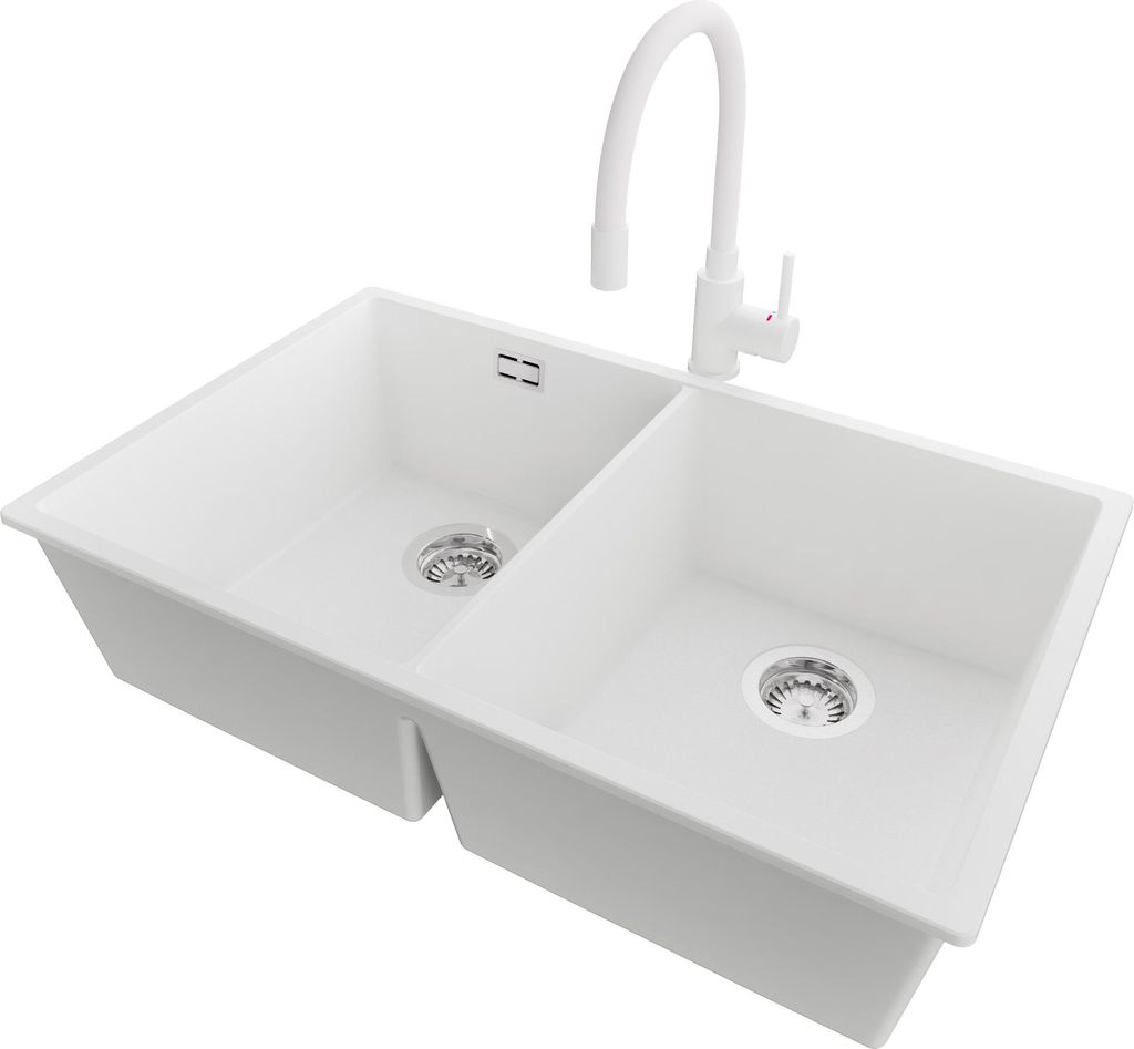 PRIMAGRAN Granitspüle Weiß 76x47cm, Spülbecken 2 Becken + Küchenarmatur 38x14cm + Ablauf-Set, Küchenspüle ab 80er Unterschrank - London Slim ...