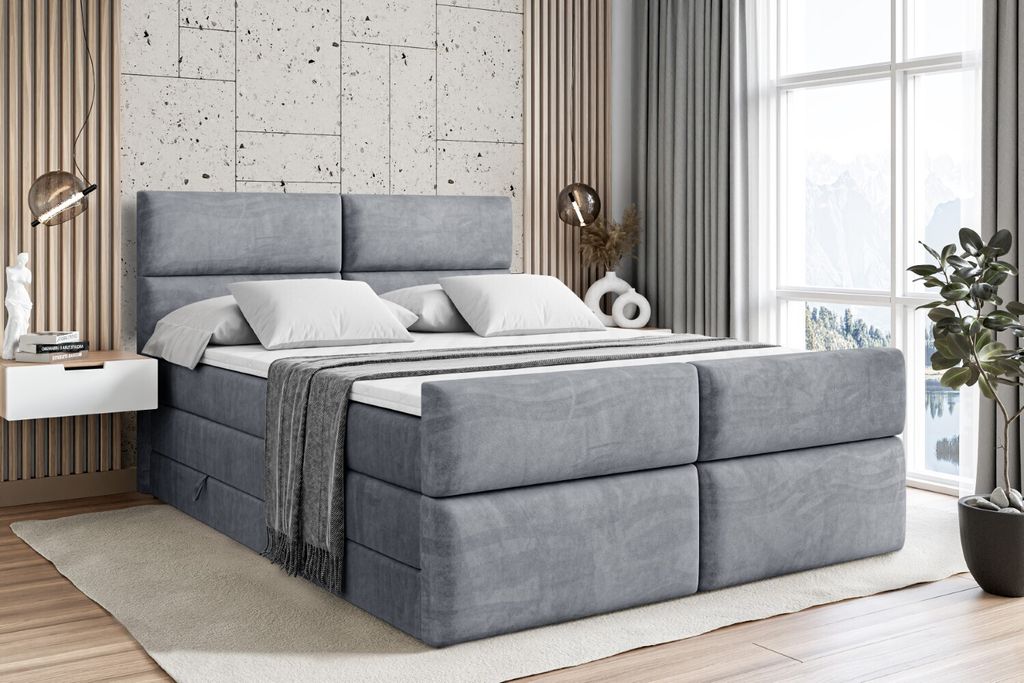 ALTDECOR Boxspringbett mit Fußteil, 2 Matratzen und Topper - 160x200 cm - BOXI3-Z KING - Grau Samt - Polsterbett mit, H3- und H4- Matratzen, Bettk...