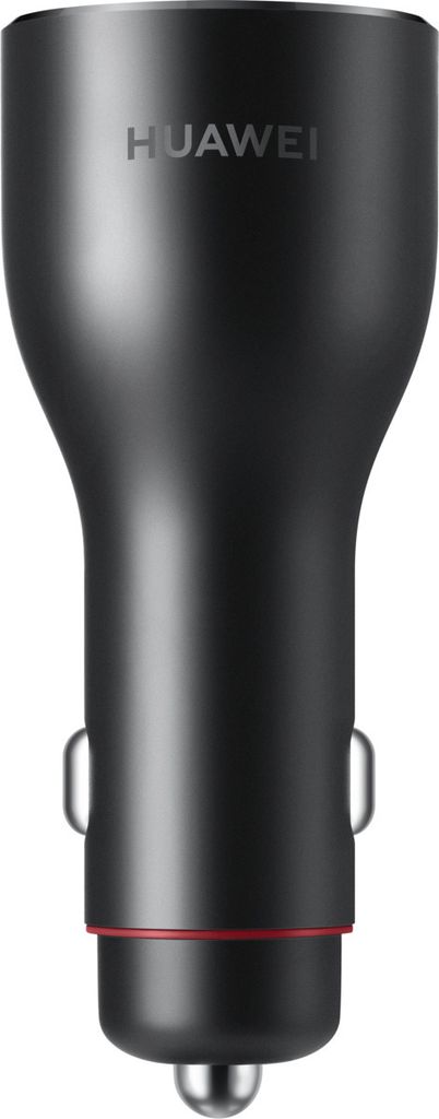 A black Huawei car charger with a red accent ring and a silver tip.