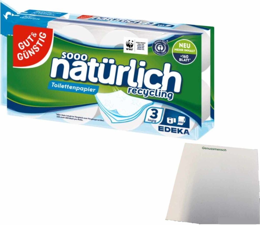 Gut & Günstig Recycling Toilettenpapier 3-lagig (10 Rollen x 200 Blatt) + usy Block