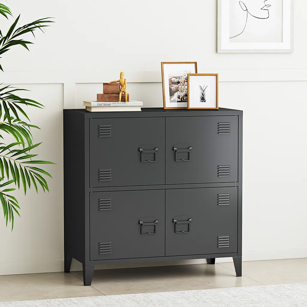 Buffet de bureau bas en métal noir Hamina avec 4 portes de rangement