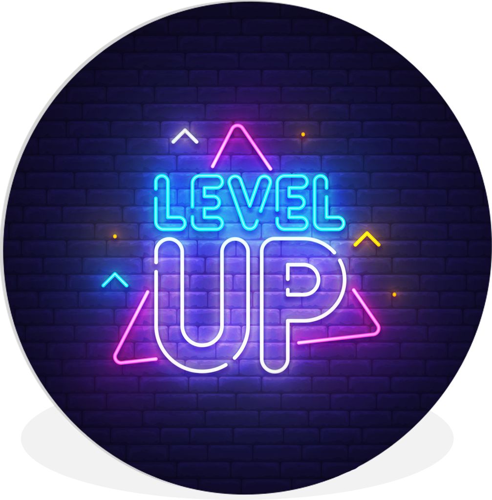 MuchoWow Rundes Wandbild - Runde Bilder Spiele - Neon - Level Up - Zitate - Spiele Ø 90 cm Kreis Wanddekoration Kunststoff - Wandkreis - Wandsch...