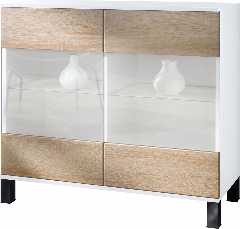 Vladon Kommode Bari V3, Moderner Küchenschrank mit 2 großen Glastüren inkl. RGB Beleuchtung Weiß matt / Eiche sägerau (92,5 x 84.5 x 35)