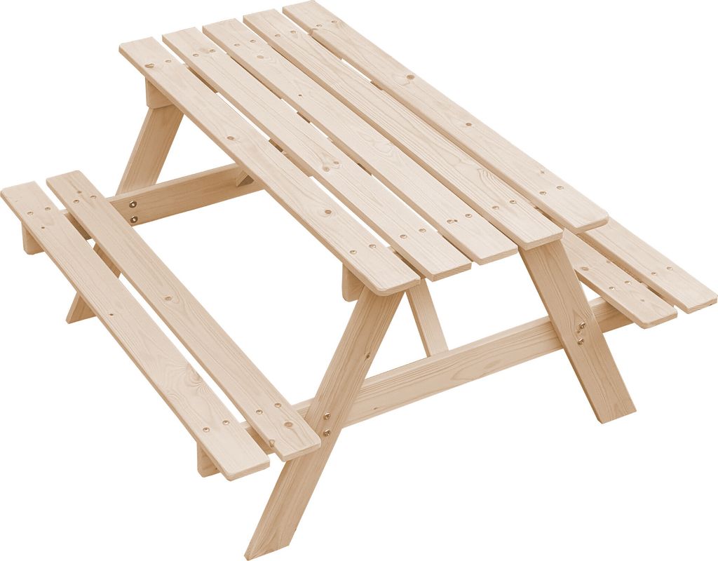 A wooden children's picnic table is shown against a white background.