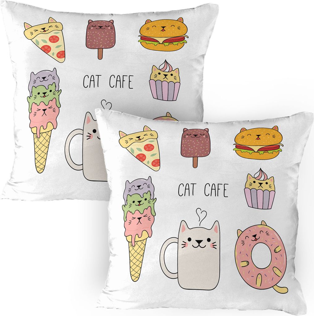 ABAKUHAUS Karikatur Kissenbezug Packung mit 2, Katzen Cafe Hand Drawn in Essen Illustration Pizza Ice Cream Cupcake Süsse Theme, Dekorativer Gedru...