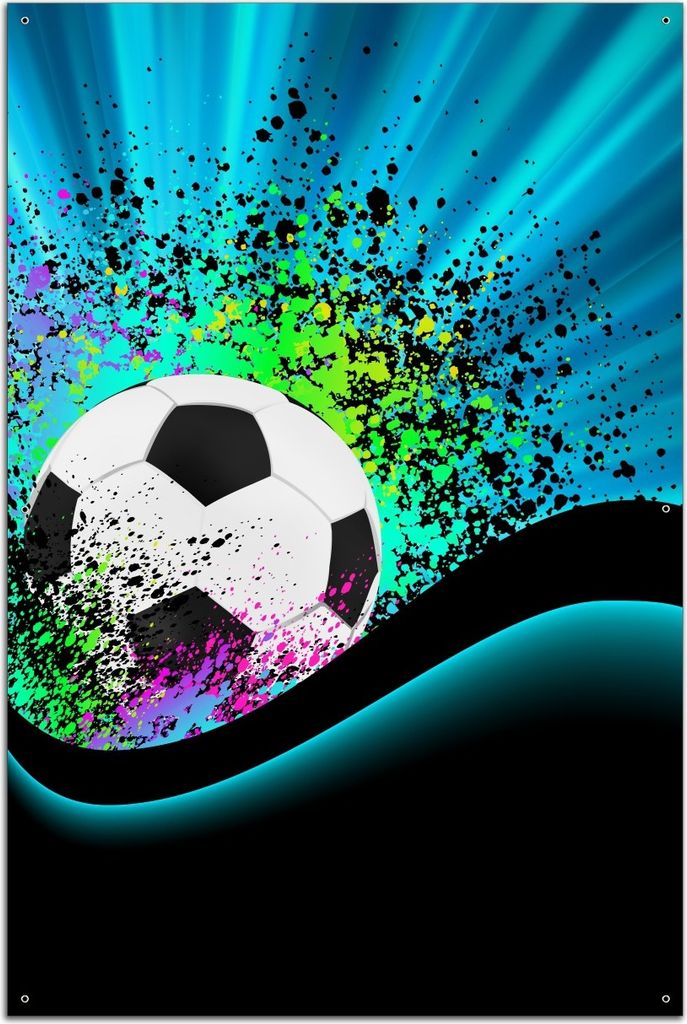 Wallario Outdoor-Poster für Garten oder Balkon, Motiv Fußball - Design Wellen und Regenbogen in blau, in ca. 61 x 91,50 cm