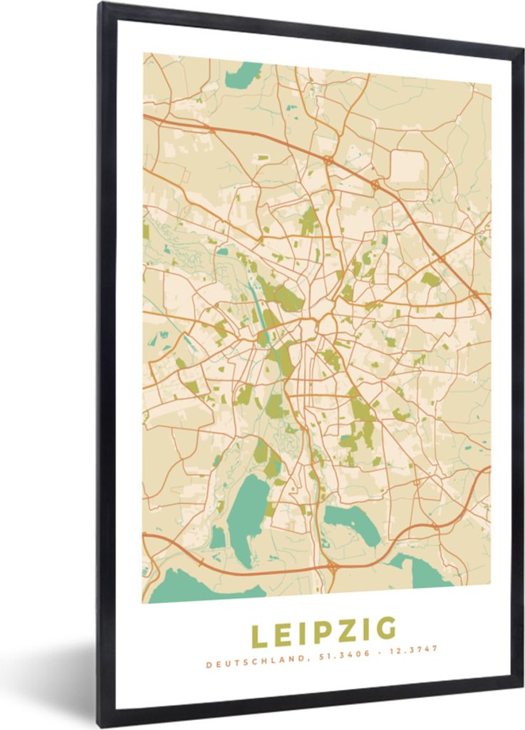 MuchoWow Gerahmtes Poster Karte - Leipzig - Vintage - Stadtplan 20x30 cm - Poster mit Schwarzem Bilderrahmen Wandposter Rahmen Foto Bilder - Druc...