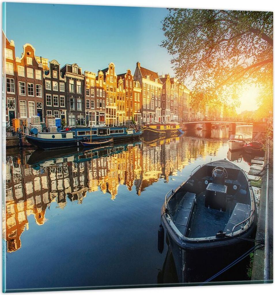 Bilder auf glas - Kanal Boot Amsterdam Wasser - 70x70cm - Glasbilder - Wandbilder - Kunstdruck - zum Aufhängen bereit - Wanddekoration aus Glas - ...