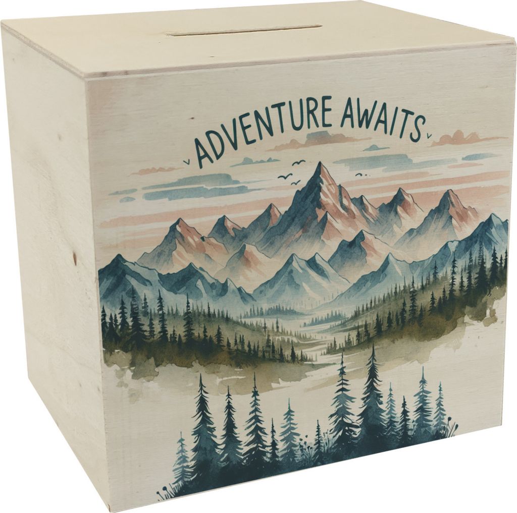 Bergpanorama Spardose aus Holz mit Spruch Adventure Awaits Produktbild 