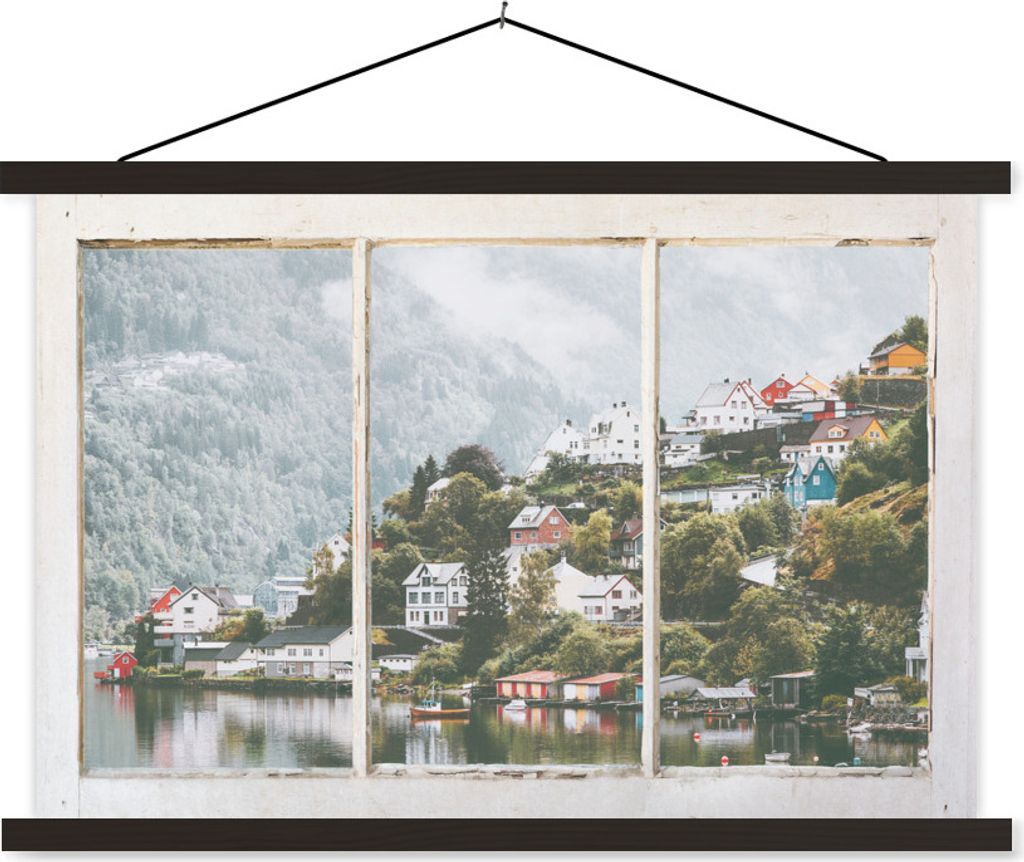MuchoWow Textilposter Aussicht - Berg - Nebel 120x80 cm mit schwarzem Rahmen - Wanddeko