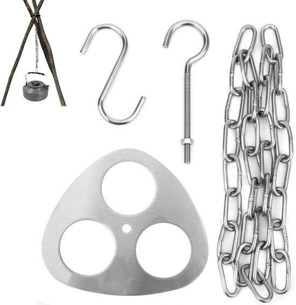 Kampferngrill Zubehör mit Kette und Haken, Edelstahl, tragbar, 4 Haken