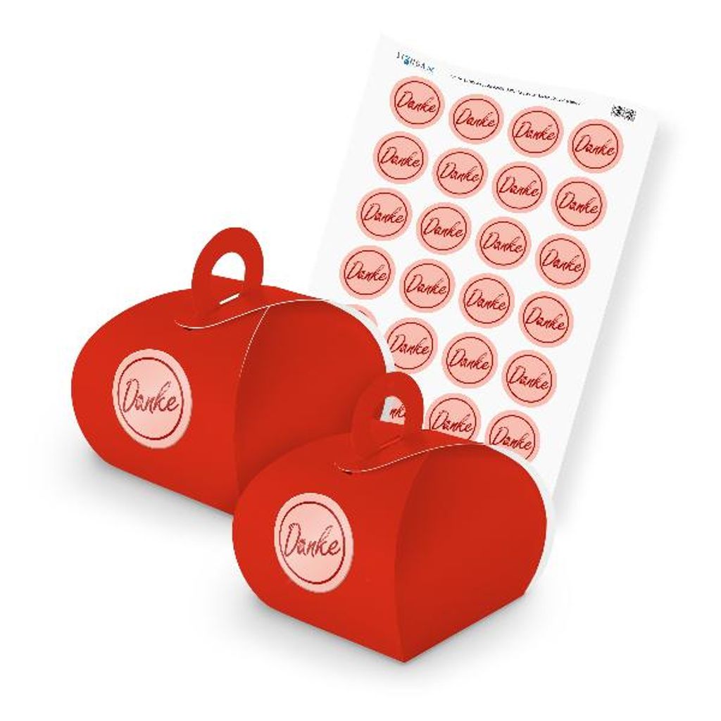 itenga SET DANKE (Motiv 2) 24x Geschenkschachtel mit Griff rot + Stickerbogen