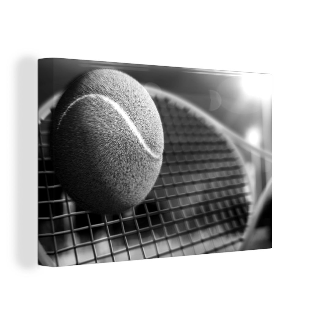 OneMillionCanvasses - Leinwand Bilder XXL - 120x80 cm - Tennisschläger trifft den Ball - schwarz und weiß - Wand bilder - Wandbilder Wohnzimmer -...