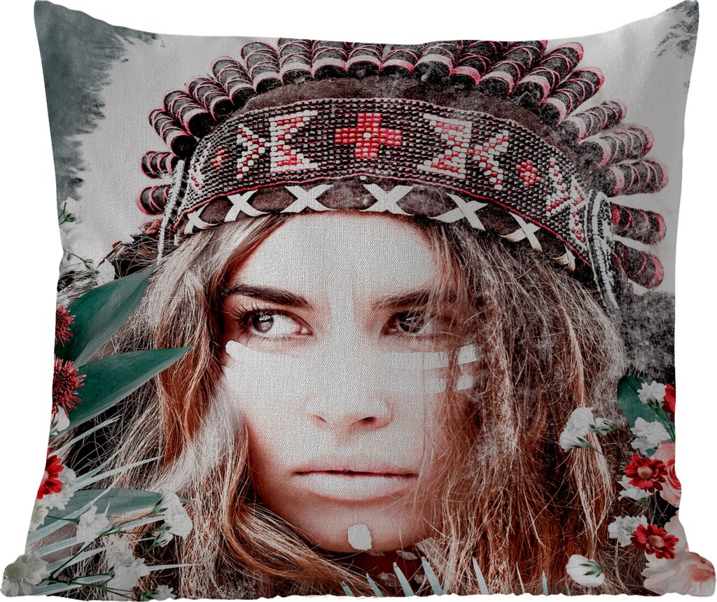 MuchoWow Outdoor Kissen - Frau - Blumen - Indischer Kopfschmuck - Rosen - Blumen - 45x45 cm - Wetterfest - Lounge Kissen - Fotokissen - Dekorativ...
