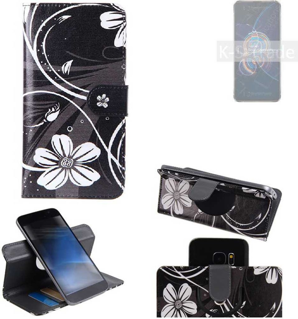 K-S-Trade Schutzhülle Handyhülle kompatibel mit Asus Zenfone 8 Flip Hülle 360° Wallet Case ''Flowers'' Klapphülle Hülle schwarz-weiß 1x
