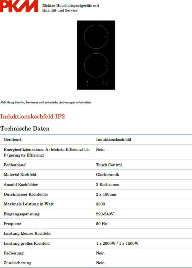 PKM IF2 Induktionskochfeld 2 Kochzonen Domino Glaskeramik Produktbild 6