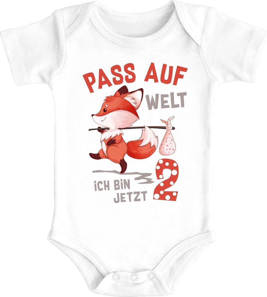 Babybody erster Geburtstag Pass auf Welt ich bin jetzt 1 Fuchs kurzarm Body Baumwolle Moonworks 2 weiß 3-6 Monate