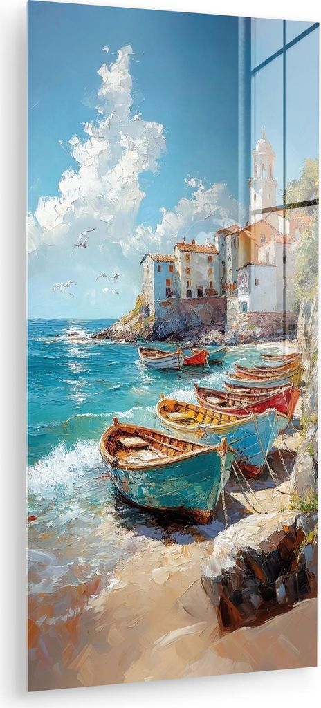 MuchoWow Glasbilder - Bilder auf Wandbild - Foto auf Glas Boote - Felsen - Meer - Sonne 60x120 cm Wanddekoration aus Glas - Acrylglasbild - Acrylbi...