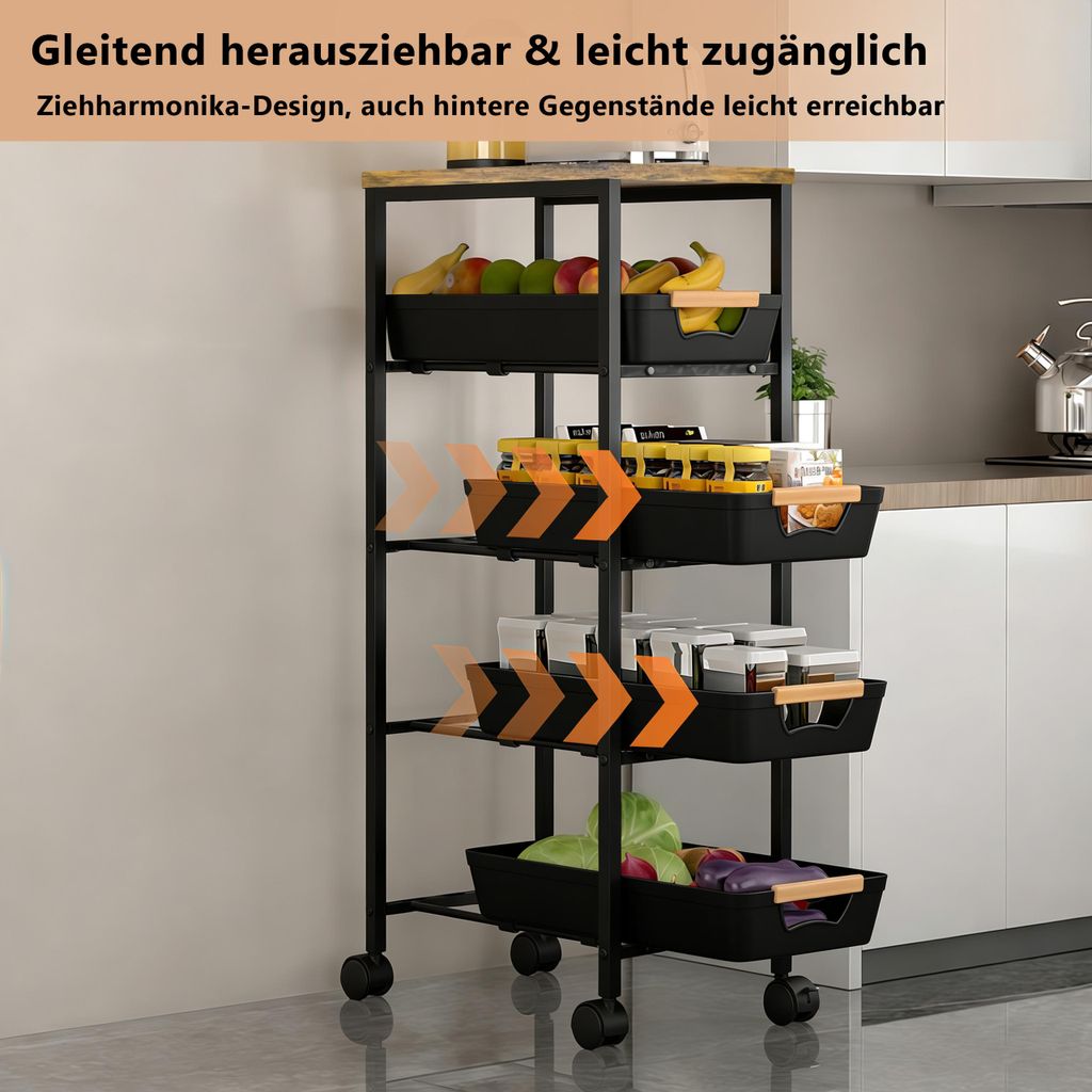 Schmaler 5-stöckiger Küchen-Rollwagen mit Holzplatte