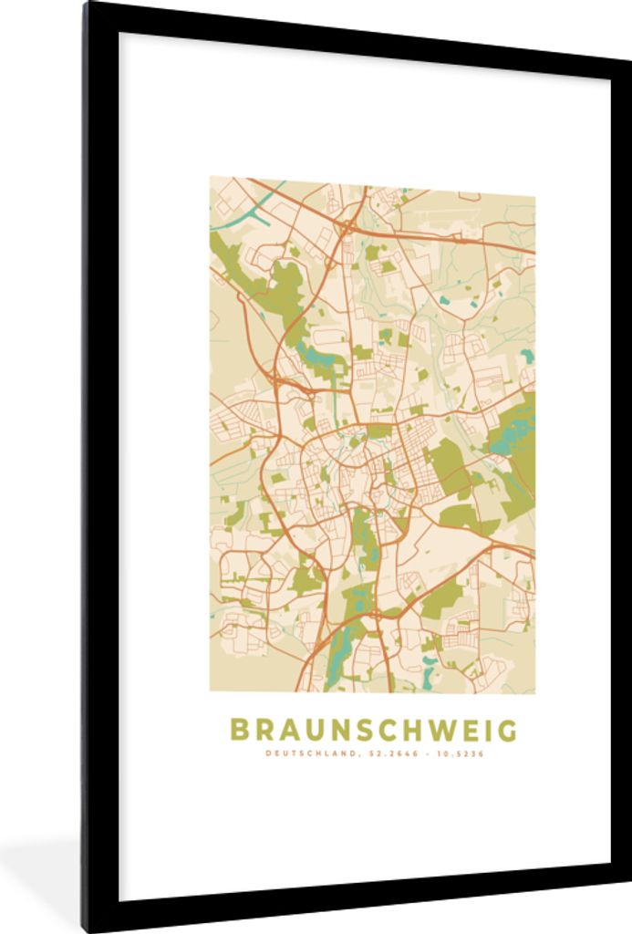 MuchoWow Gerahmtes Poster Braunschweig - Karte - Vintage - Stadtplan 60x90 cm - Poster mit Schwarzem Bilderrahmen Wandposter Rahmen Foto Bilder -...