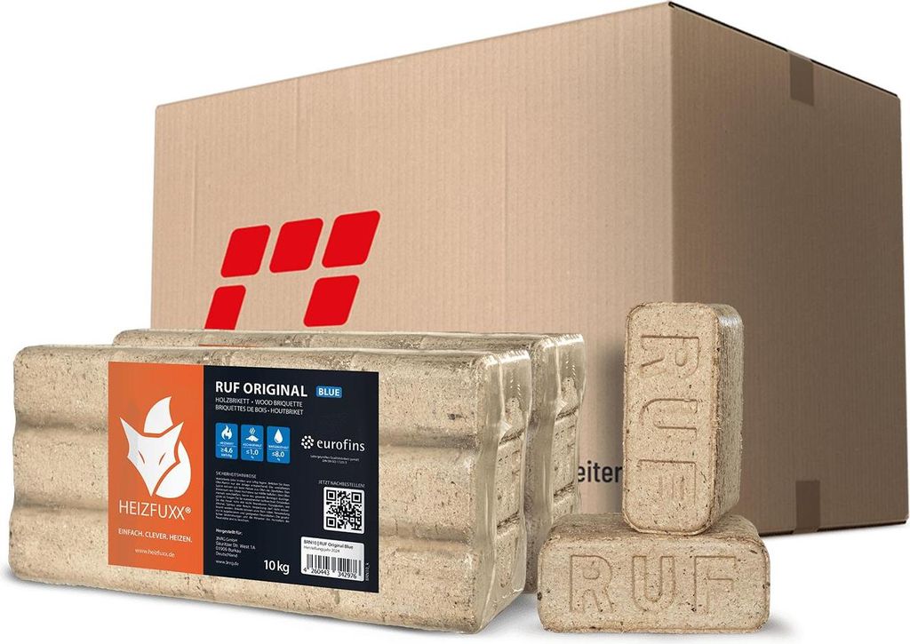 A cardboard box with a logo and several packages of wood briquettes are displayed.