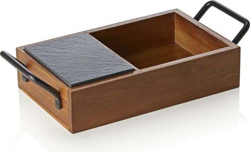 4x Naturschieferplatten Set Slate & Serve, 24 x 15 x 5,5 cm, 3 Schieferplatten und Brot- und Butterkorb, Akazienholz, Schiefer