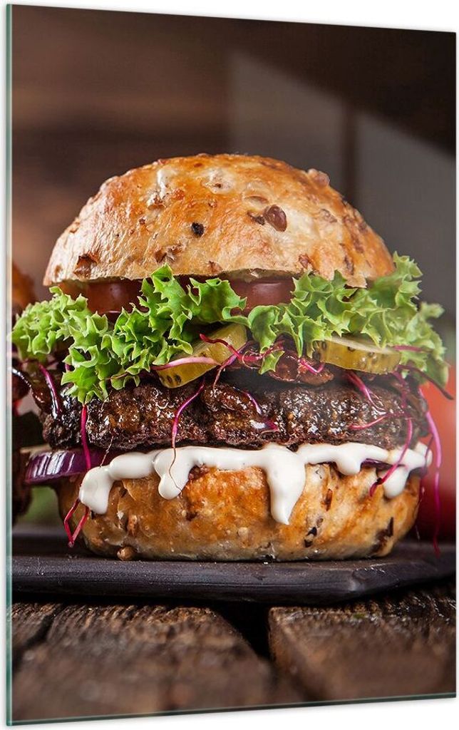 Bilder auf glas - Einteilig - Amerikaner Hamburger Essen Barbecue - 50x70cm - Glasbilder - Wandbilder - Bilder - Wanddekoration aus Glas - Glas Bil...