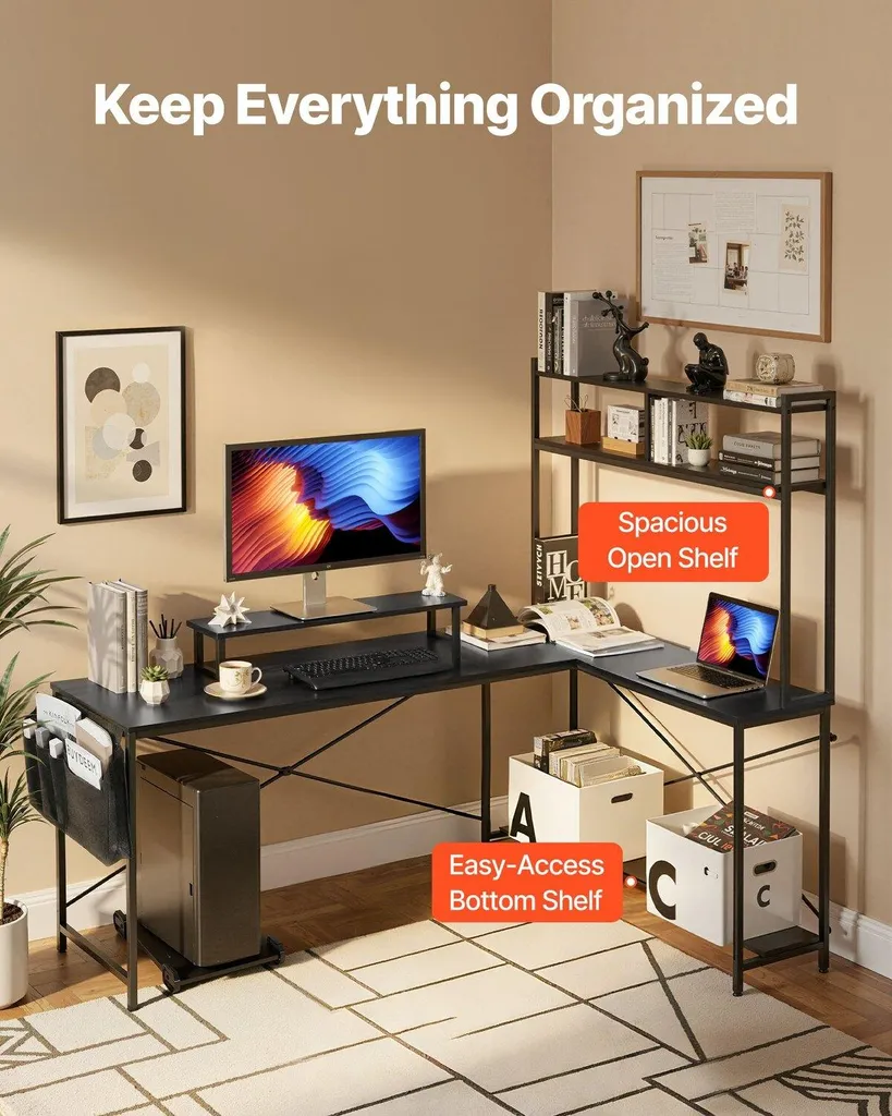 Bureau d'ordinateur en L 170cm avec support d'écran, table d'angle réversible - 3
