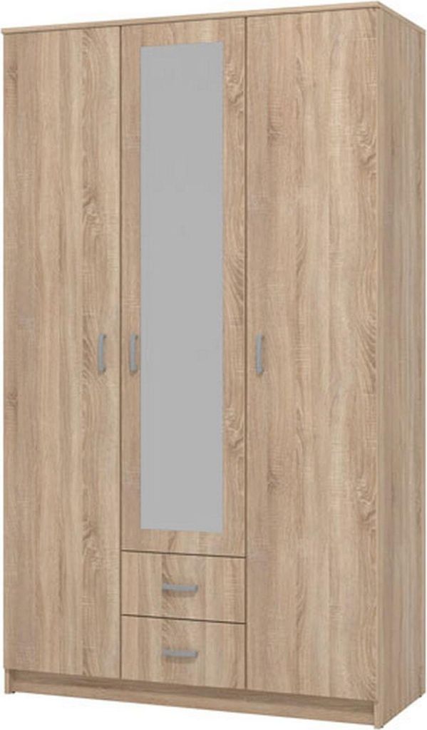 Dmora Kleiderschrank 3 Türen Crati 120x52 cm Eiche Braun, Garderobe 2 Schubladen