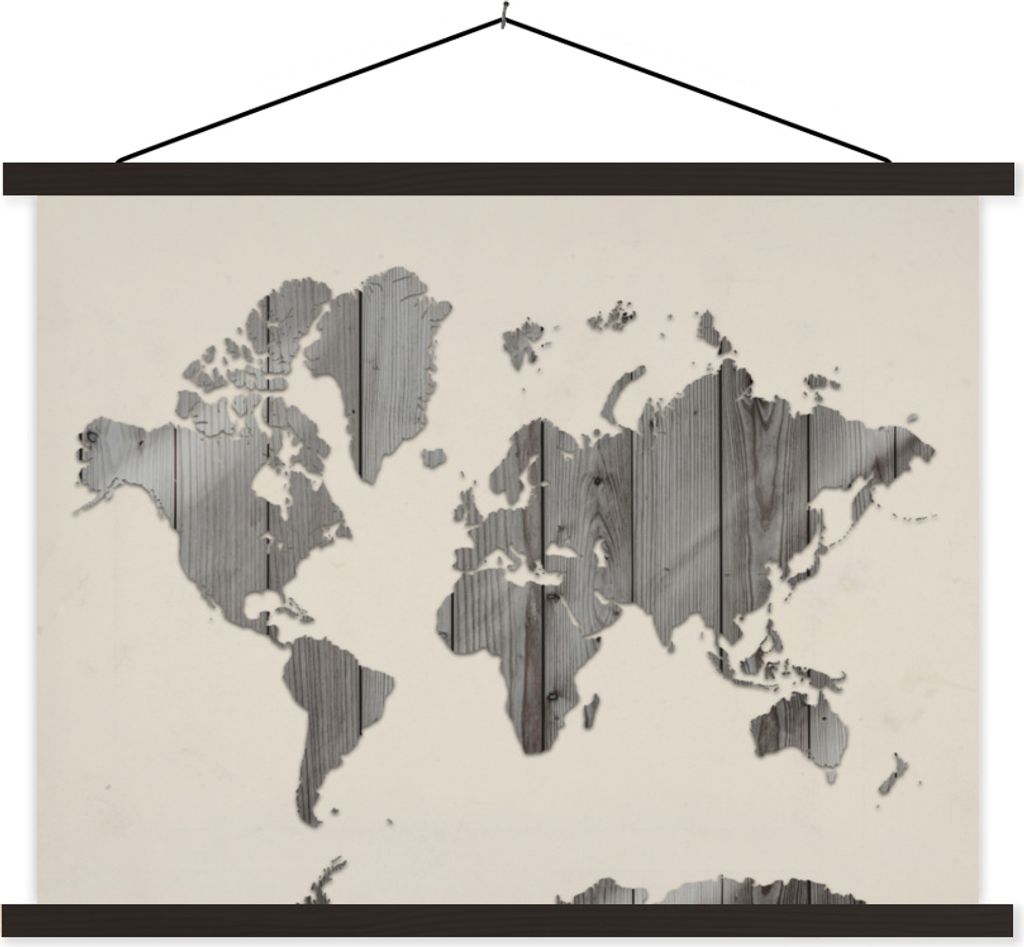 MuchoWow Textilposter Weltkarte - Holz - Regal 60x45 cm mit schwarzem Rahmen - Poster Schlafzimmer