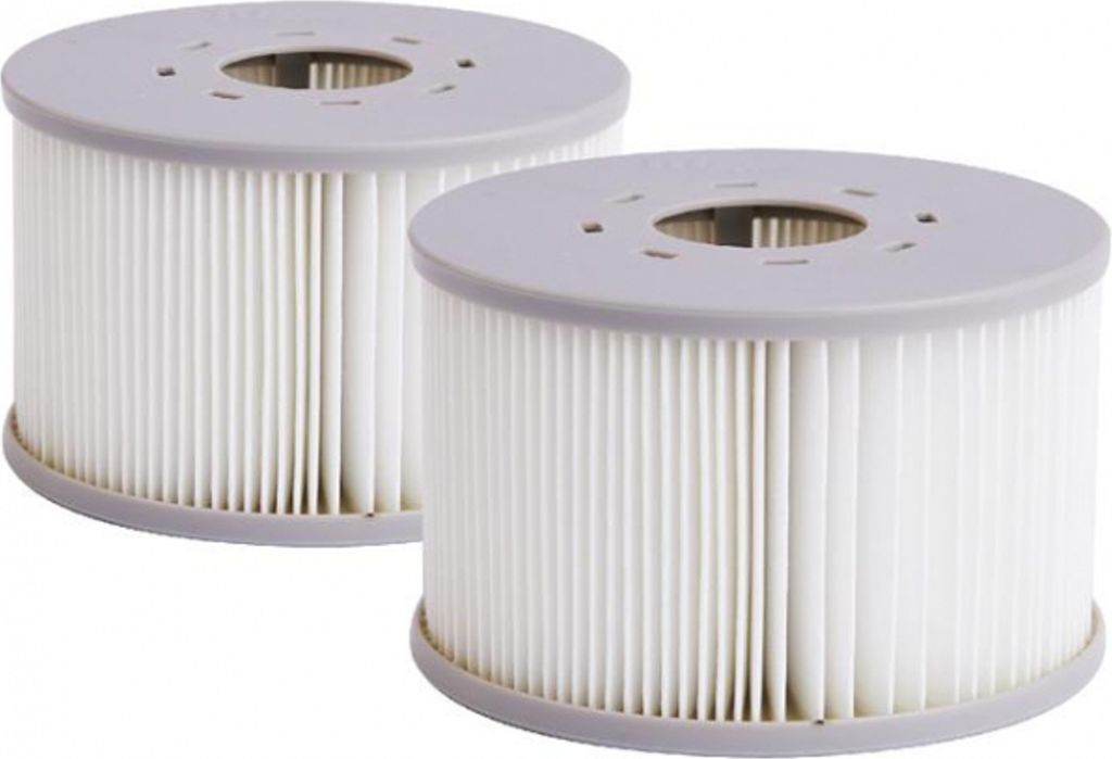Two white and gray cylindrical water filters are shown against a white background.