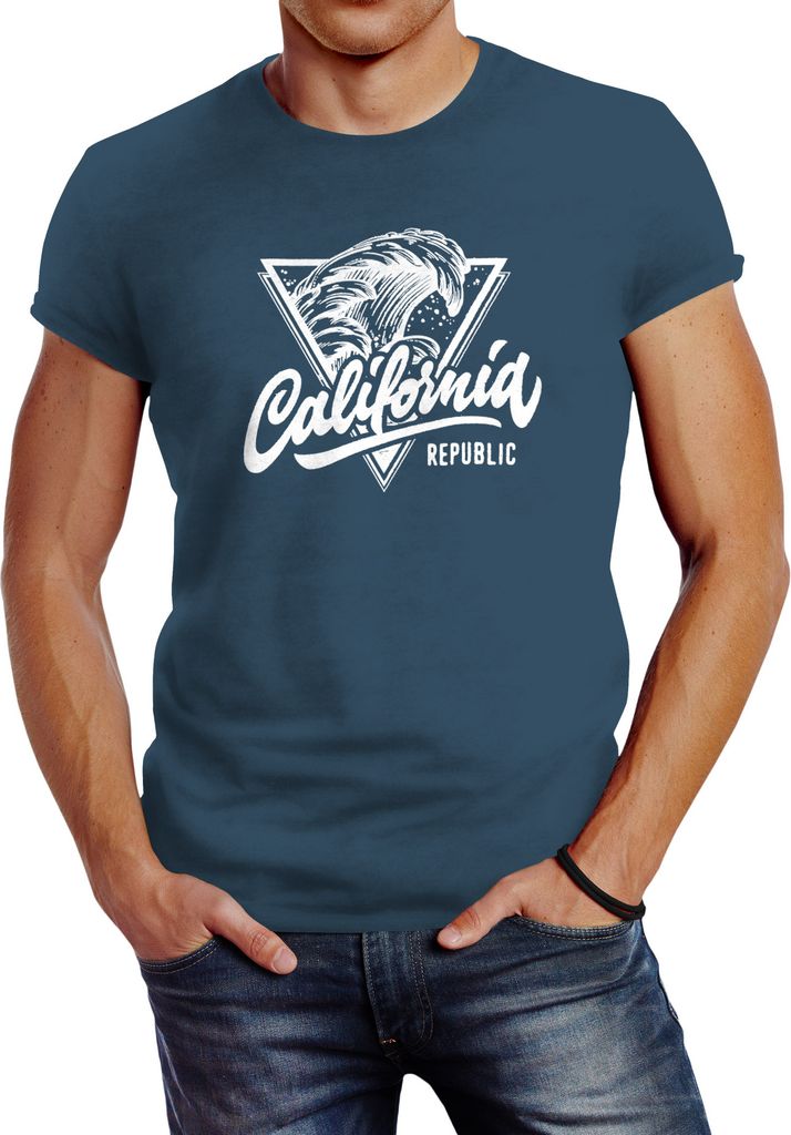 California Republic Herren T-Shirt Design Mega Welle Wave Surf Slim Fit Neverless denim blue M