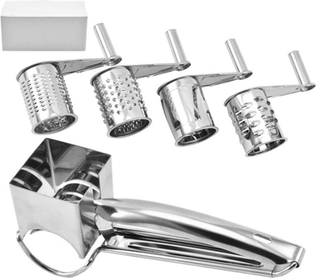 4 In 1 Edelstahl Manuelle Rotary Käsereibe aus Edelstahl Gemüse Kaese Cutter Käseraspel Käsereiben mit 4 Ersatzköpfe